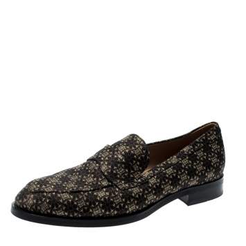 Pre Owned Tod's Metallic Black And Gold Brocade Fabric Slip On Loafers Size 42