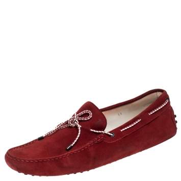 Pre Owned Tod’s Red Suede Leather Bow Slip On Loafers Size 45.5
