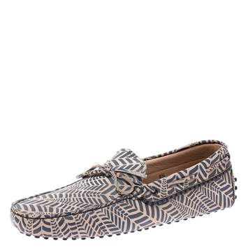 Pre Owned Tod's Beige and Grey Printed Leather Bow Loafers Size 42.5