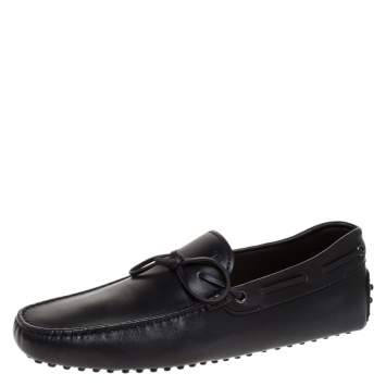 Pre Owned Tod's Black Leather Gommino Bow Loafers Size 41