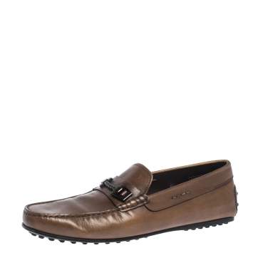 Pre Owned Tod's Brown Leather Braided Horsebit Slip On Loafers Size 42.5