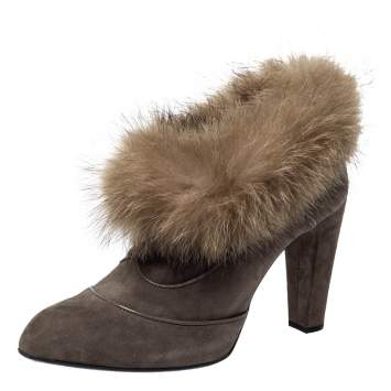 Pre Owned Tod's Grey Suede Marmot Fur Trim Ankle Boots Size 41