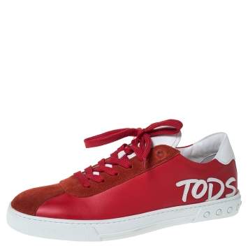 Pre Owned Tod's Red Leather And Suede Trim Low Top Sneakers Size 41.5