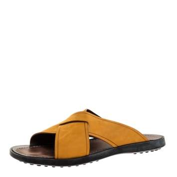 Pre Owned Tod's Yellow Nubuck Crossed Strap Flat Sandals Size 41