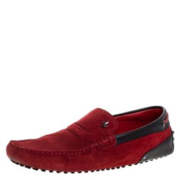Pre Owned Tod's for Ferrari Red Suede Slip On Loafers Size 41.5