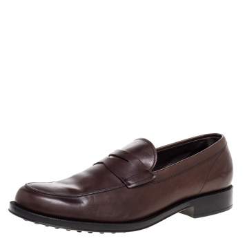 Pre Owned Tod's Brown Leather Penny Slip On Loafers Size 44.5 