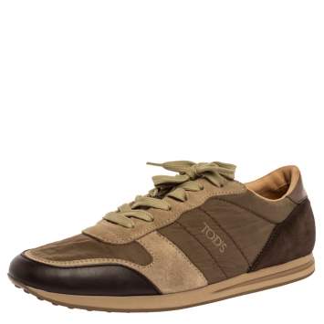 Pre Owned Tod's Brown/Green Nylon, Leather and Suede Low Top Sneakers Size 44