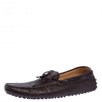 Pre Owned Tod's Dark Brown Leather Bow Driver Loafers Size 47