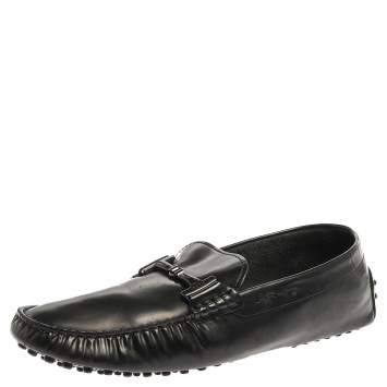 Pre Owned Tod's Black Leather Double T Slip On Loafers Size 44