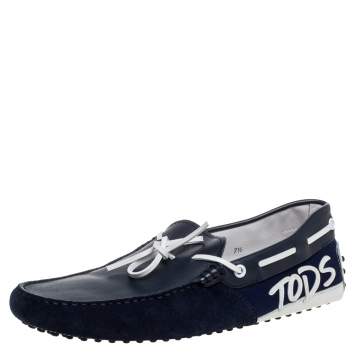 Pre Owned Tod's Blue/White Suede Leather And Fabric Bow Slip On Loafers Size 41.5