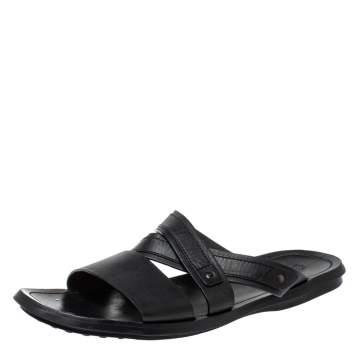 Pre Owned Tod's Black Leather Slide Sandals Size 47