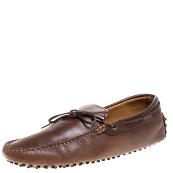 Pre Owned Tod's Brown Leather Bow Driver Loafers Size 44.5 