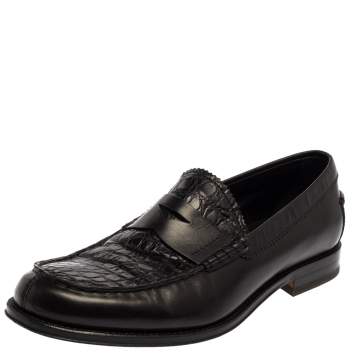 Pre Owned Tod's Black Croc Embossed And Leather Slip On Loafer Size 42