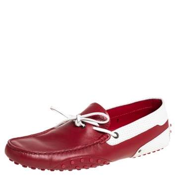 مملوكة مسبقًا Tod's By Ferrari Red/White Leather Bow Slip On Loafers Size 41