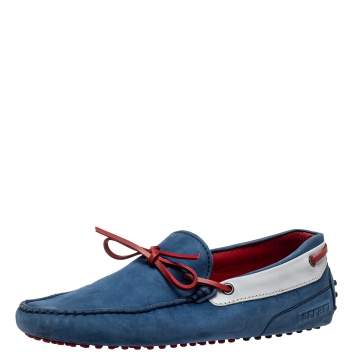 Pre Owned Tod's For Ferrari Blue/Red Nubuck Leather Bow Slip On Loafers Size 41