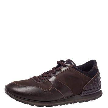 Pre Owned Tod's Brown Leather And Nylon Low Top Sneakers Size 42