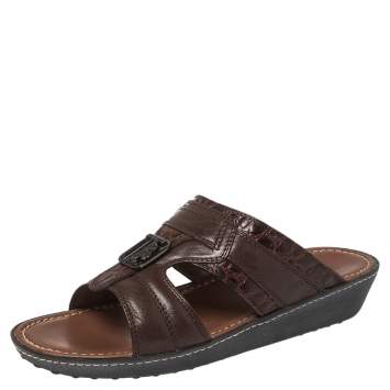 Pre Owned Tod's Brown Leather And Croc Embossed Slide Sandals Size 41.5