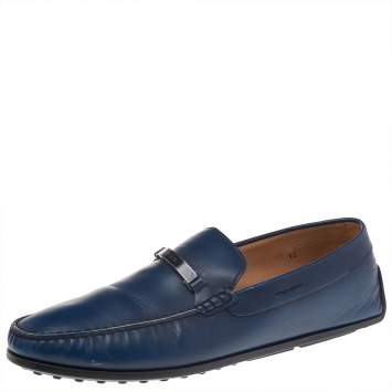 مملوكة مسبقًا Tod's Blue Leather Logo Bit Slip On Loafers Size 47
