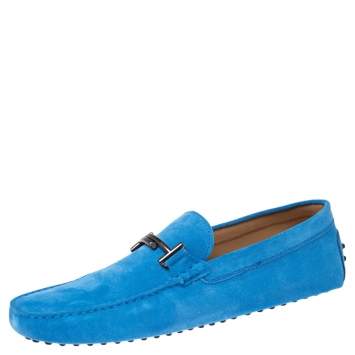 Pre Owned Tods Blue Suede Gommino Double T Driving Loafers Size 46.5