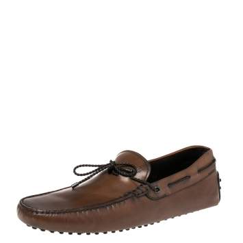 مملوكة مسبقًا Tod's Brown Leather Braided Bow Slip On Loafers Size 45.5