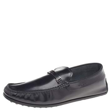 Pre Owned Tod's Black Leather Logo Trim Slip On Loafers Size 41