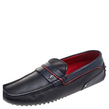 Pre Owned Tod's for Ferrari Black-Navy Blue Leather Slip On Loafers Size 42