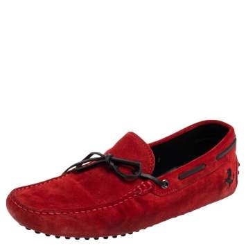 Pre Owned Tod's For Ferrari Red Suede Gommino Driving Loafers Size 42