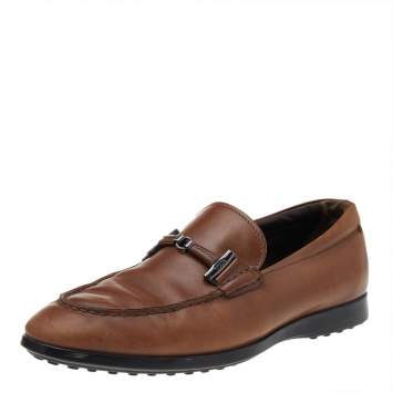 Pre Owned Tod's Brown Leather Double T Slip On Loafers Size 41.5