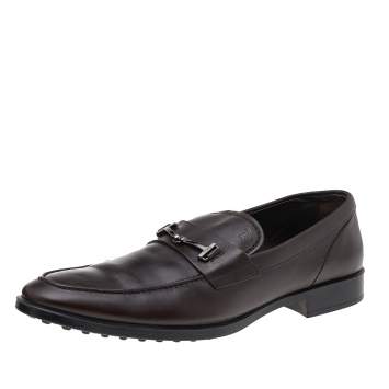 Pre Owned Tod's Dark Brown Leather T Logo Slip On Loafers Size 43