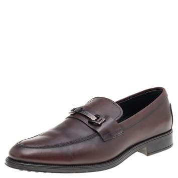 Pre Owned Tod's Dark Brown Leather Double T Logo Slip On Penny Loafers Size 43