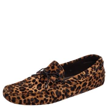 Pre Owned Tod's Brown Leopard Print Calf Hair Bow Driver Loafers Size 44
