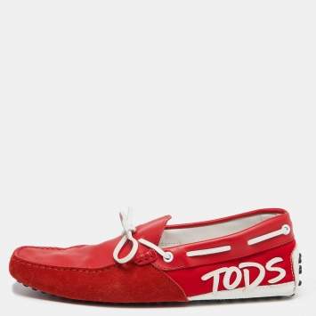 Pre Owned Tod's Red Suede And Leather Gommino Driving Loafers Size 41