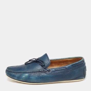 Pre Owned Tod's Blue Leather Bow Slip-On Loafers Size 42.5