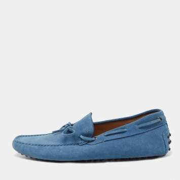 Pre Owned Tod's Blue Suede Bow Slip On Loafers Size 44.5