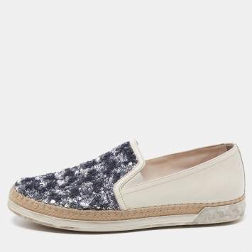 Pre Owned Tod's Cream Leather And Sequin Embellished Espadrille Loafers Size 40
