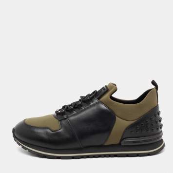 Pre Owned Tod's Black/Army Green Leather and Nylon Lace Sneakers Size 40