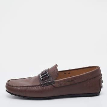 Pre Owned Tod's Brown Leather Logo Buckle Slip On Loafers Size 41.5