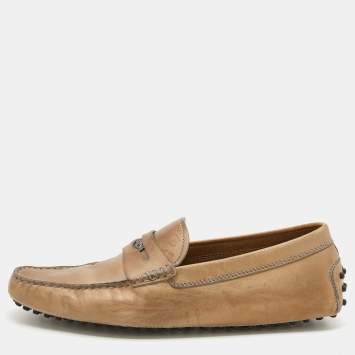Pre Owned Tod's Khaki Beige Leather Penny Slip On Loafers Size 42