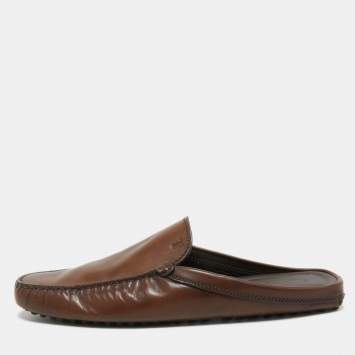 Pre Owned Tod's Brown Leather Flat Loafer Mules Size 42.5