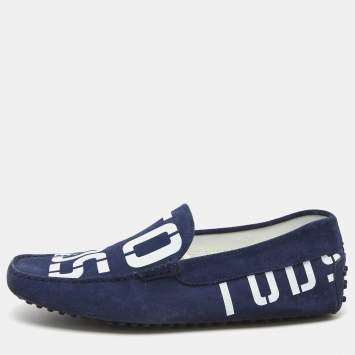 مملوكة مسبقًا Tod's Navy Blue Logo Print Suede Slip On Loafers Size 42.5