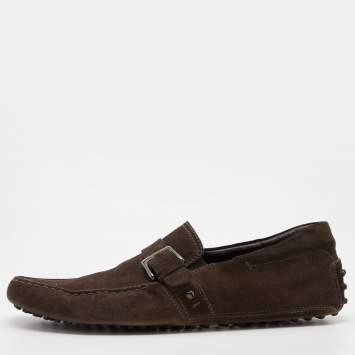 Pre Owned Tod's Brown Suede Buckle Driver Loafers Size 44.5