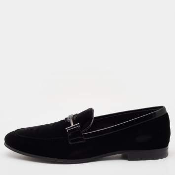 Pre Owned Tod's Black Velvet and Leather Double T Slip On Loafers Size 42