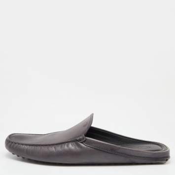 Pre Owned Tod's Metallic Grey Leather Flat Loafer Mules Size 45.5