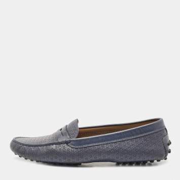 Pre Owned Tod's Blue Textured Leather Penny Slip On Loafers Size 40.5