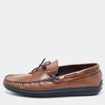Pre Owned Tod's Brown Leather Bow Slip On Loafers  Size 42