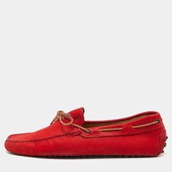 Pre Owned Tod's Red Nubuck Leather Bow Slip On Loafers Size 43