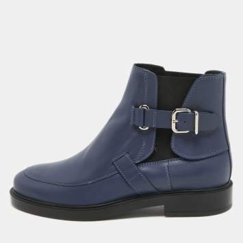 Pre Owned Tod's Blue Leather Buckle Detail Ankle Length Boots Size 39.5
