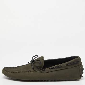 Pre Owned Tod's Olive Green Nubuck Leather Bow Loafers Size 43