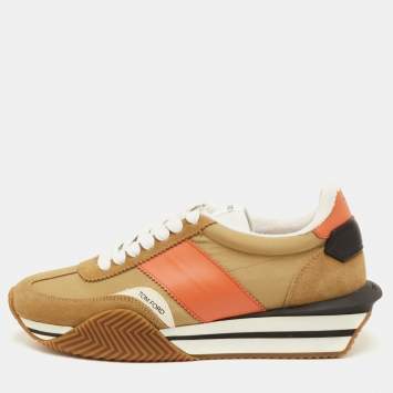 Pre Owned Tom Ford James Size 42 Brown/Orange Canvas and Suede Low Top Sneakers