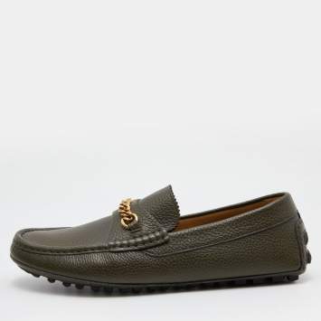 Pre Owned Tom Ford Olive Green Leather Chain Link Slip On Loafers Size 43